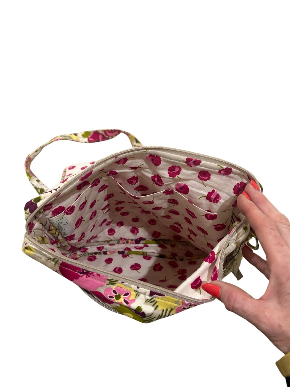 Vera Bradley Cream Crossbody flap over Pink & Green Floral adjustable strap - Picture 10 of 12
